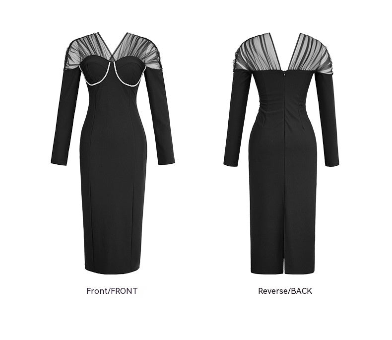 Front and back view of the long sleeve formal evening dress.