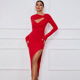 Side view of the red cutout midi dress showing the high leg slit.